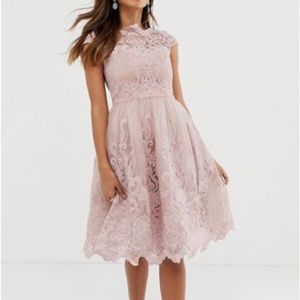 Chi Chi London premium lace midi
prom dress with bardot neck in mink